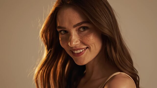 Portrait of a smiling woman with freckles perfect for UI/UX elements and digital motion graphics