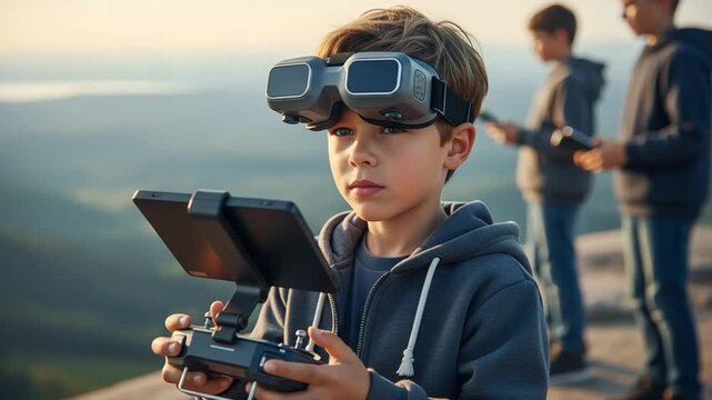 Young boy wearing FPV goggles operating a drone controller outdoors, child pilot learning drone technology, hobbyist kid enjoying aerial photography and remote control