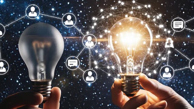 Hands holding light bulbs against starry background emphasizing network speed and cloud computing