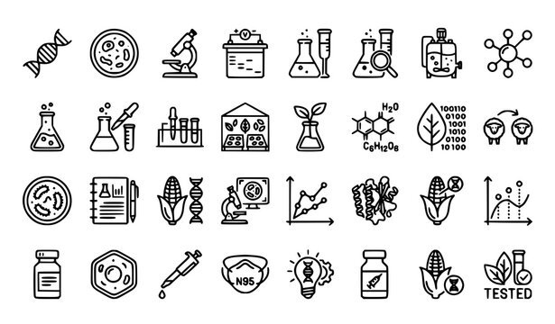 Biotechnology and GMO Research Line Icons Vector Collection Editable Stroke