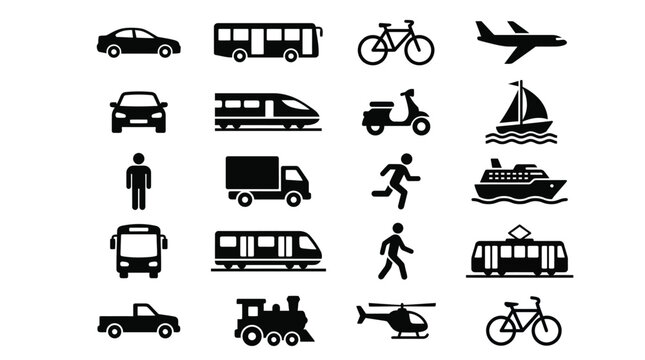 Collection of various black transportation icons featuring vehicles and navigation symbols on a clean background