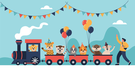 Fototapeta premium Adorable cartoon animals riding a festive party train with balloons and celebratory decorations for a kids event.