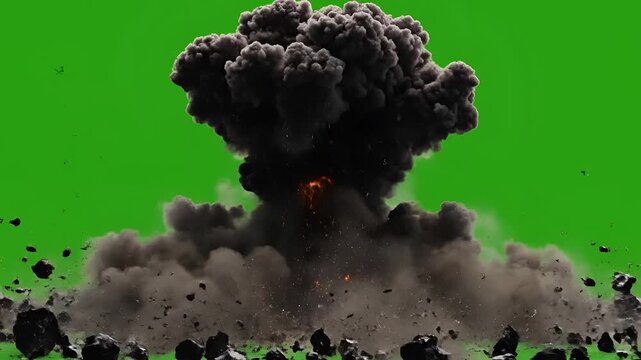 Massive explosion with debris flying on green screen background.