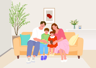 Obraz premium Happy Family Spending Cozy Time Together on Living Room Sofa Illustration 