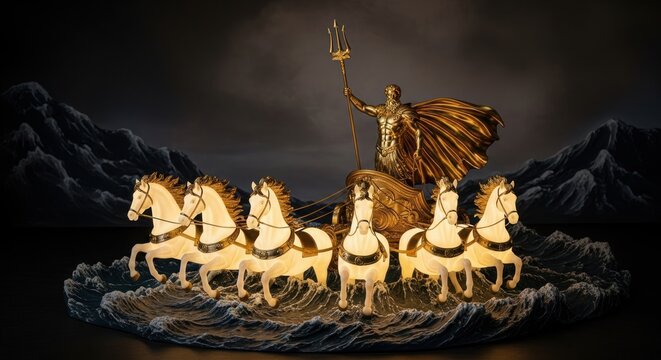 Majestic Golden Statue of Poseidon Riding a Chariot Pulled by Six White Horses Through Stormy Seas