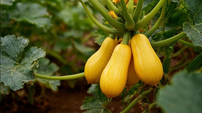 A close-up view of four yellow squash growing on a vine in a lush green garden with large leaves and stems