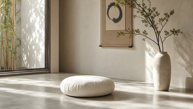 An interior design shot of a minimalist meditation corner. A single white linen meditation cushion on polished light-gray micro-cement flooring, a tall slender branch in a handcrafted ceramic vase
