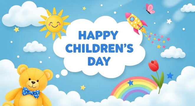 Happy childrens day sky blue banner template with teddy bear sun clouds and rainbow ornament