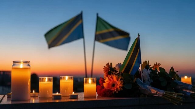 Tanzania national mourning memorial with candles and flowers at sunset, solemn tribute for national tragedy, remembrance ceremony with flags, patriotic respect