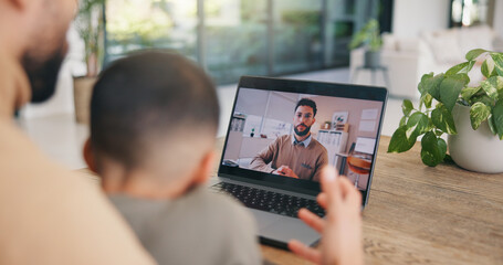 Telehealth, laptop screen and video call with doctor in home, online and consultation for sick child. Virtual medical appointment, people and family with tech for healthcare advice and communication