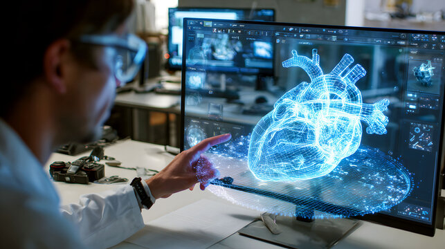 Doctor Analyzing 3D Heart Hologram on Monitor