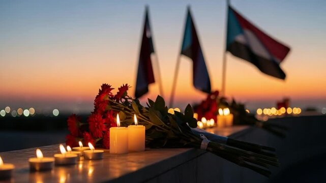 Memorial tribute with candles and red flowers at sunset, national flags in background, concept of remembrance, mourning, loss, grief, commemoration, honor, respect, peace