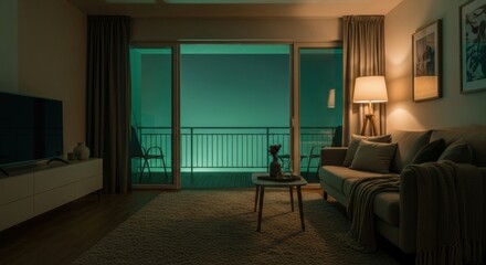 Fototapeta premium Unearthly Green Glow Illuminates a Quiet, Modern Living Room at Night.