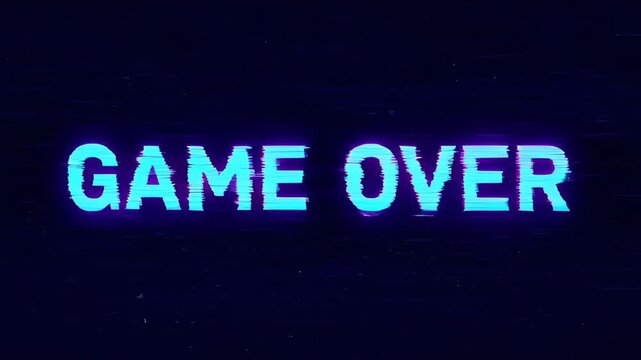 Glitch game over distortion progress blue neon text dark background with retro arcade mood and digital static effect, glitch game over distortion progress neon blue text dark space background with