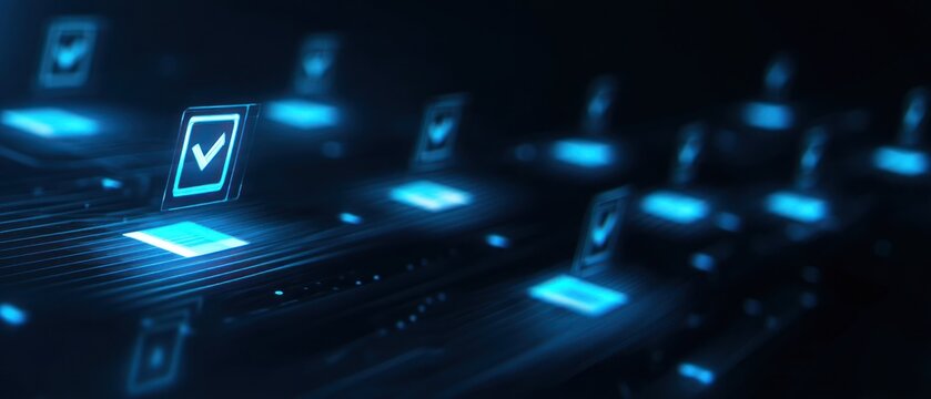 Digital checkmarks on a futuristic technology background