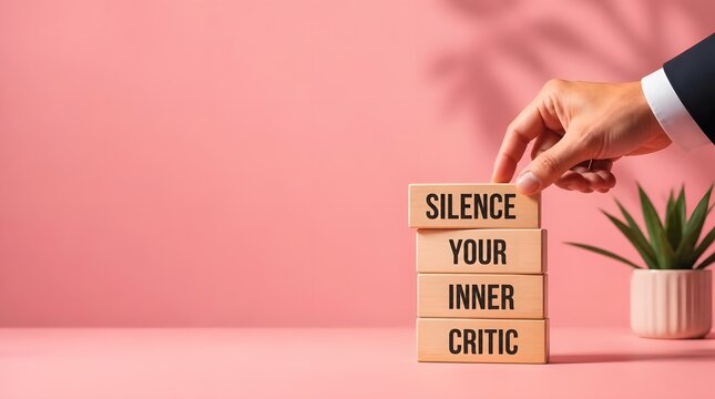 Soft Pink Studio Scene Hand Placing Block Words Silence Your Inner Critic