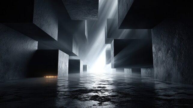 Abstract dark architectural space with geometric concrete blocks and dramatic volumetric lighting creating a cinematic atmosphere in a modern minimalist interior design
