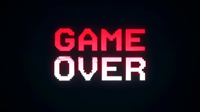 Game over glitch distortion progress over retro pixel text on dark background with cyan pixel text in retro arcade style showing digital defeat and visual error broken signal