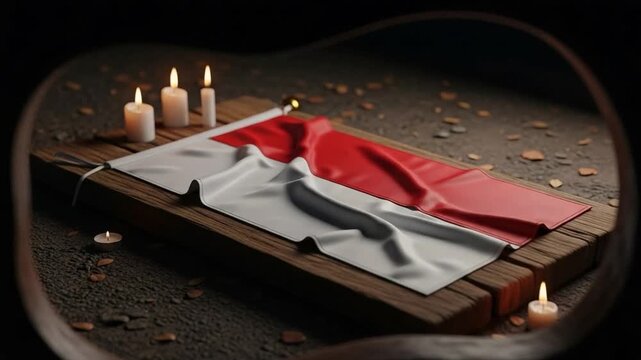 Indonesian flag draped on wooden surface with candles, symbolic representation of national pride, patriotism, and solemn commemoration for Independence Day celebration