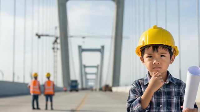 Young Asian boy wearing yellow hard hat holding blueprints on bridge construction site representing future engineer career aspirations and childhood dreams of building infrastructure