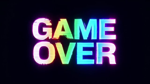 Glitch game over screen with color distortion and progress effect dark background, game over glitch distortion over progress game text black background with bold typography and high contrast digital