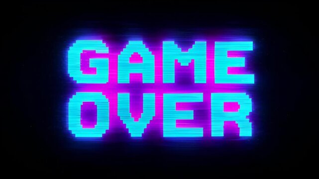 Retro game over screen with glitch distortion, neon glow, progress, black background, arcade victory concept, pixel text, digital style, search optimized SEO title