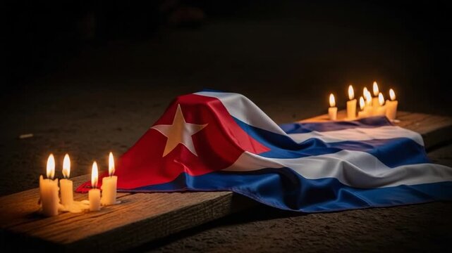Cuban flag draped over wooden plank with lit candles for memorial tribute, solemn remembrance concept for national mourning, patriotism and loss, dark background