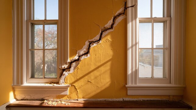 A severe structural fracture running diagonally across an old yellow interior wall between two classic white wooden window frames inside an abandoned or damaged house.