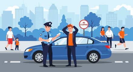 Police officer, traffic stop, car, city, illustration, vector graphics, law enforcement, driver, road © Steven