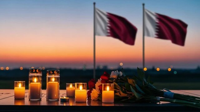 Memorial tribute with candles and flowers at sunset with national flags in background, concept of national mourning, remembrance, respect, and solemn commemoration for victims