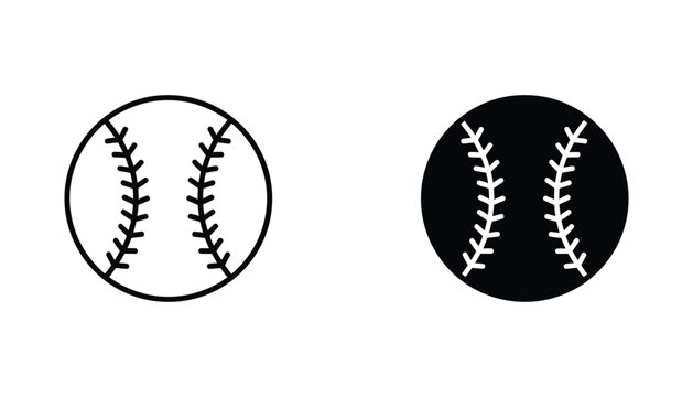 Baseball ball icon set featuring detailed stitching texture in outline and solid circular design for sports branding and athletic equipment retailers