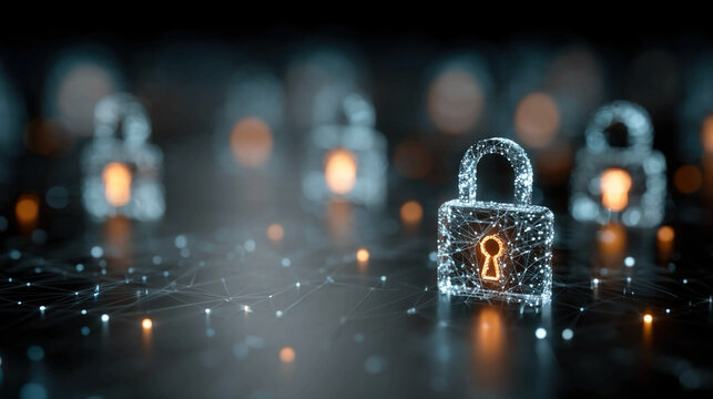Technology safety visualization with holographic locks, glowing network nodes, flowing encrypted digital streams, and AI-driven predictive analytics for secure intelligent systems and futuristic