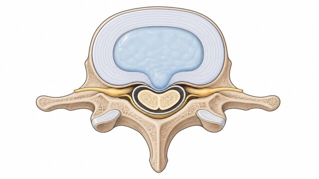 Diagrammatic cross-section of spinal disc protrusion, medical illustration.