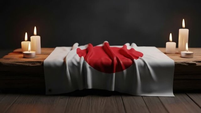 Japanese flag draped over rustic wooden table with lit candles for memorial service, solemn tribute concept for national mourning or remembrance ceremony in dark atmosphere