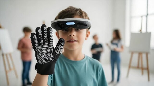 Young boy wearing virtual reality headset and haptic sensor glove in classroom, exploring interactive educational technology for immersive digital learning experience