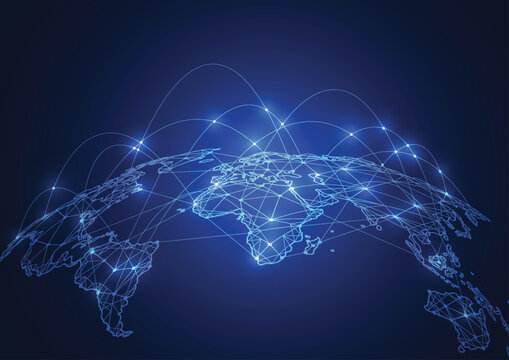 Global network connections with a world map illustration in blue tones