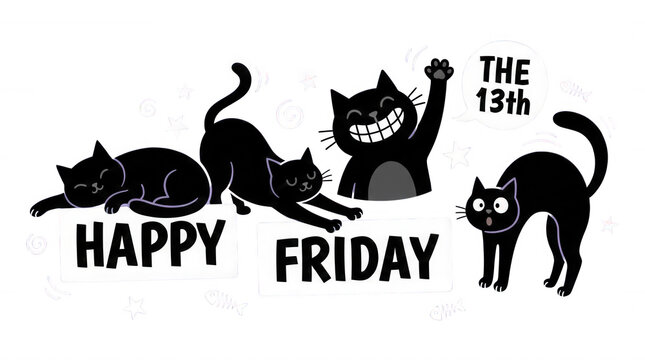 Happy Friday the 13th with playful black cats and festive elements