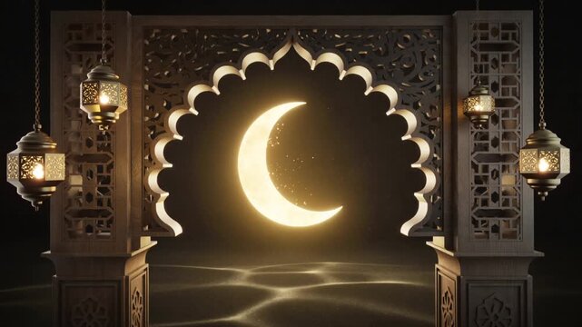 Glowing Crescent Moon and Lanterns in Islamic Architecture