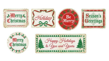 Obraz premium Collection of vintage Christmas and holiday greeting stickers with festive designs and text