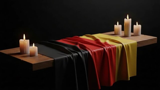 German flag draped over wooden table with lit candles on black background for national mourning remembrance memorial service and patriotic tribute concept