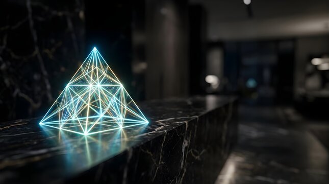 Glowing Geometric Pyramid Structure on a Modern Marble Countertop Interior