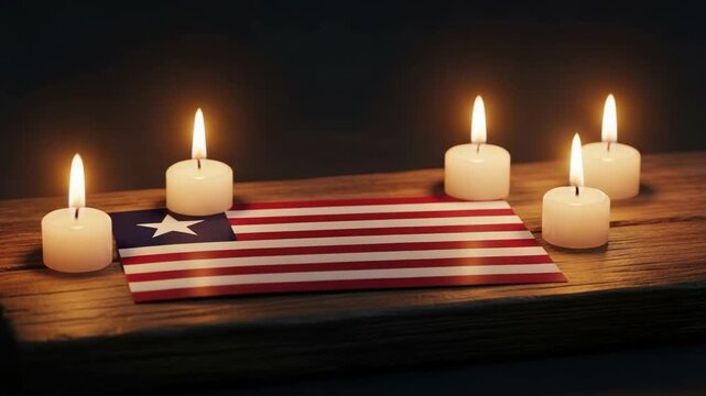Liberian flag on rustic wooden table with glowing candles for memorial service or national remembrance day concept, patriotic tribute background with soft lighting