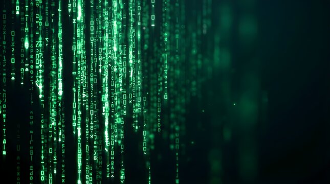 Glowing green binary code data stream falling in cyberspace background