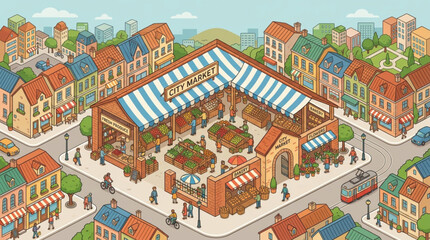 Charming European Town Square Market Scene Illustration. © Ken