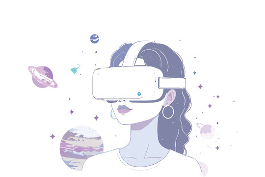 Woman wearing VR headset experiencing virtual space with planets and stars around her