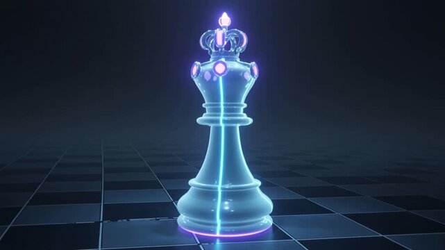 Futuristic Holographic Chess King Piece Glowing on Digital Board