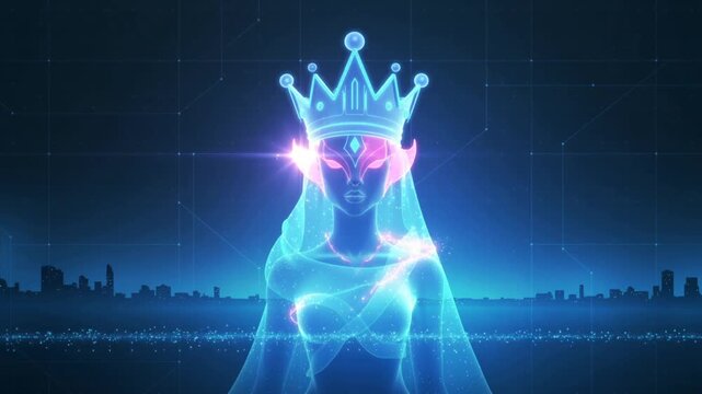 Holographic digital queen avatar glowing above a futuristic city