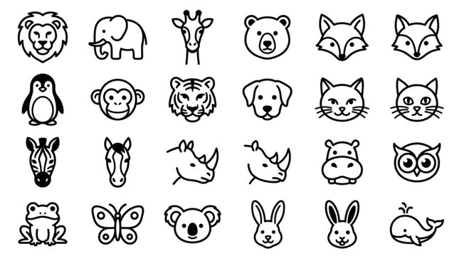 Collection of Hand Drawn Animal Icons in Black and White.