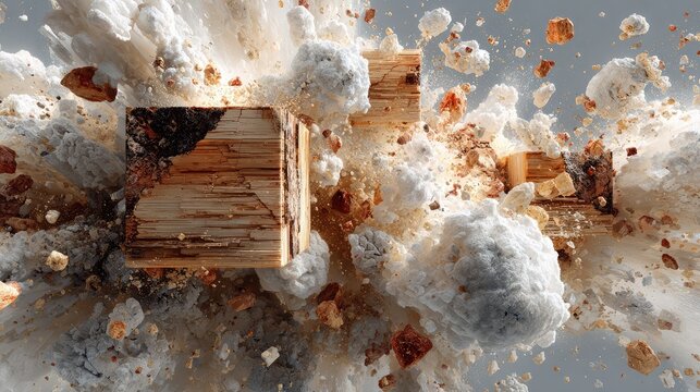 Abstract composition of exploding wooden cubes and white mineral debris floating in dynamic motion against a neutral grey background with soft cinematic lighting