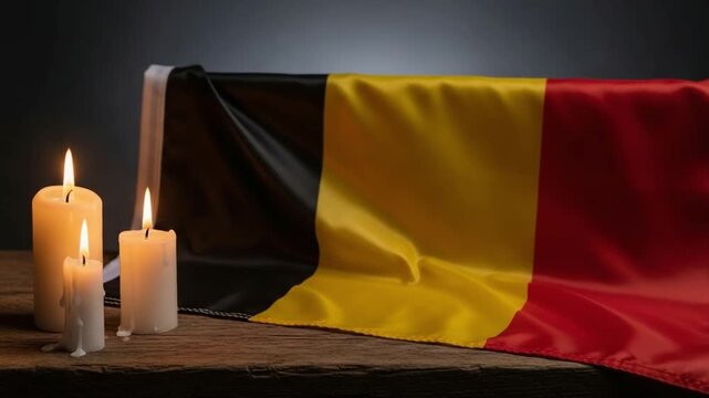 Belgian flag with lit candles on wooden table for national mourning remembrance and solidarity concept, symbolic tribute for tragedy or memorial day
